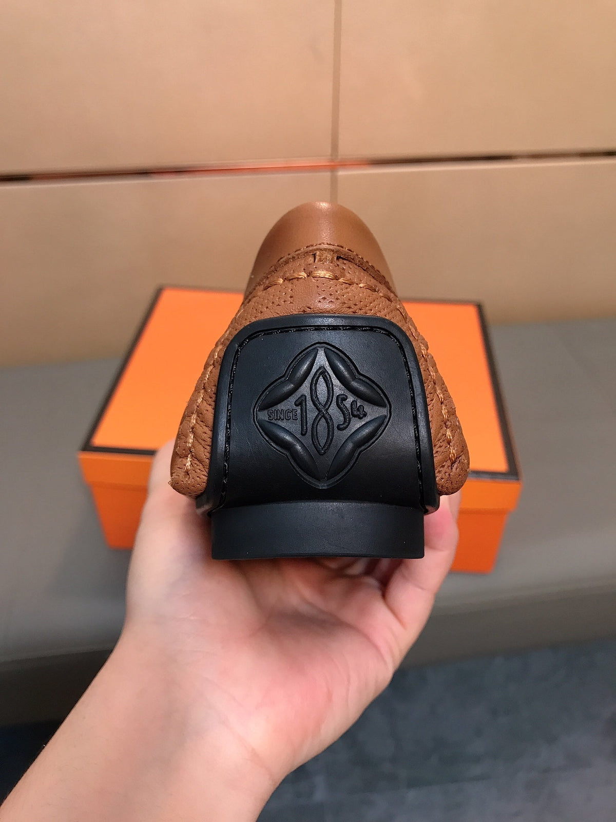 LV LOAFERS IN RUSSET BROWN CALFSKIN WITH BRANDED EMBOSSING