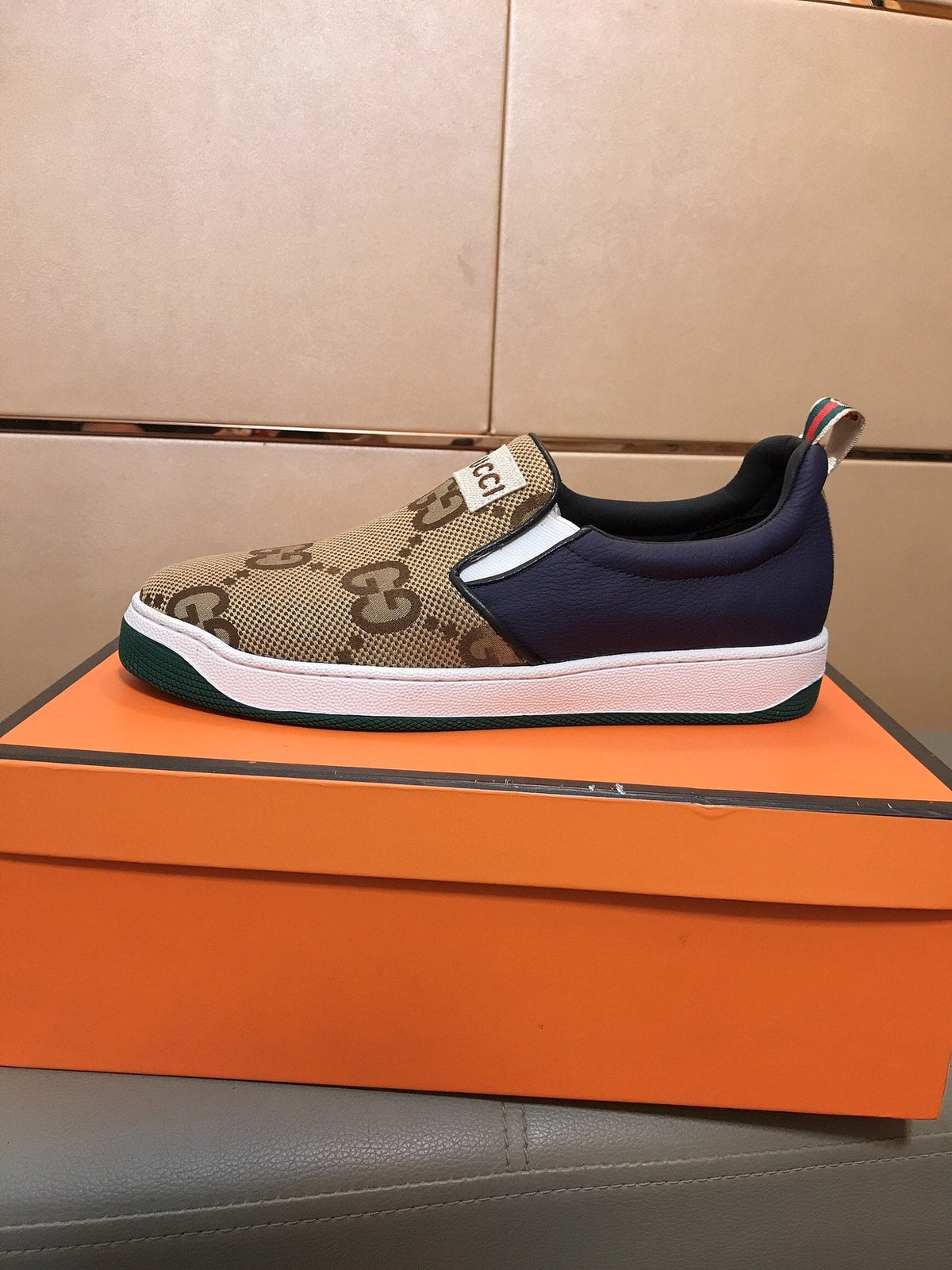 GG Men's Slip On Brown Cowhide Printed Fabric 525192