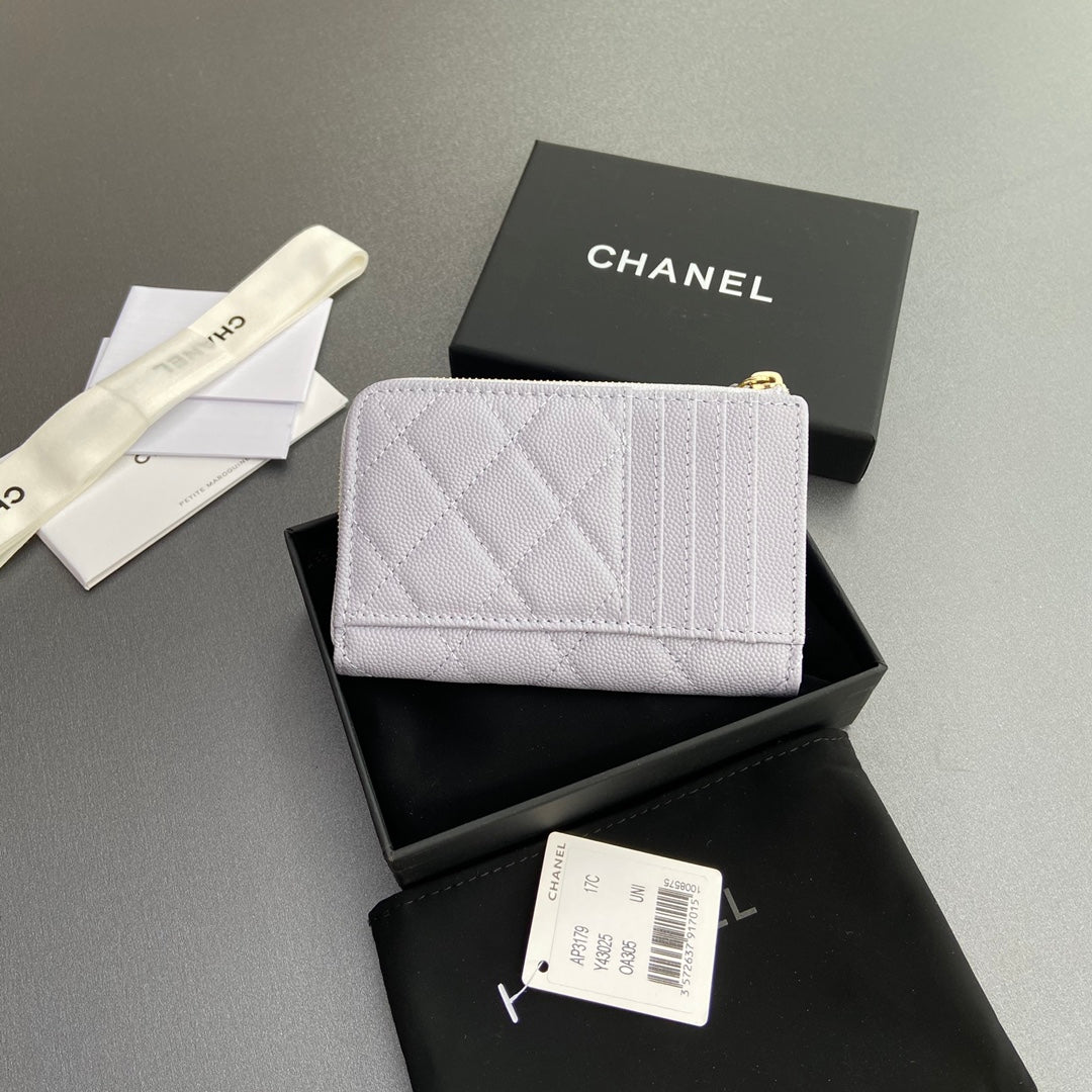 Chanel 2026 Quilted Card Holder 13cm Light Purple Grained Calfskin
