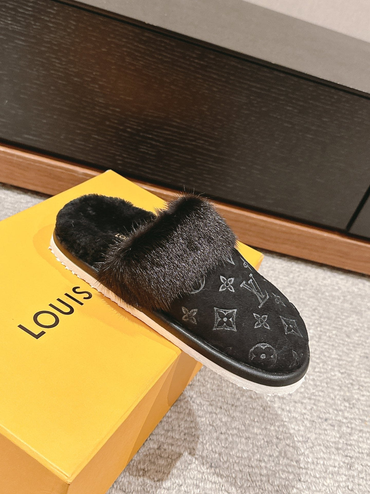 LV Flat Mule Black With Fur Monogram Suede
