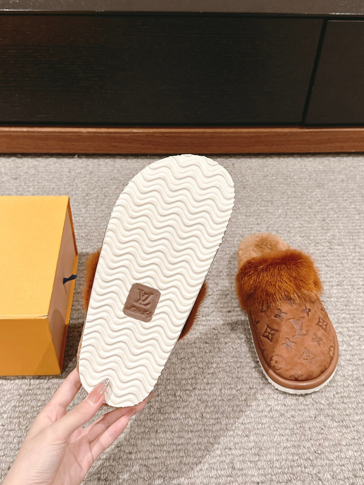 LV Flat Mule Brown With Fur Monogram Suede