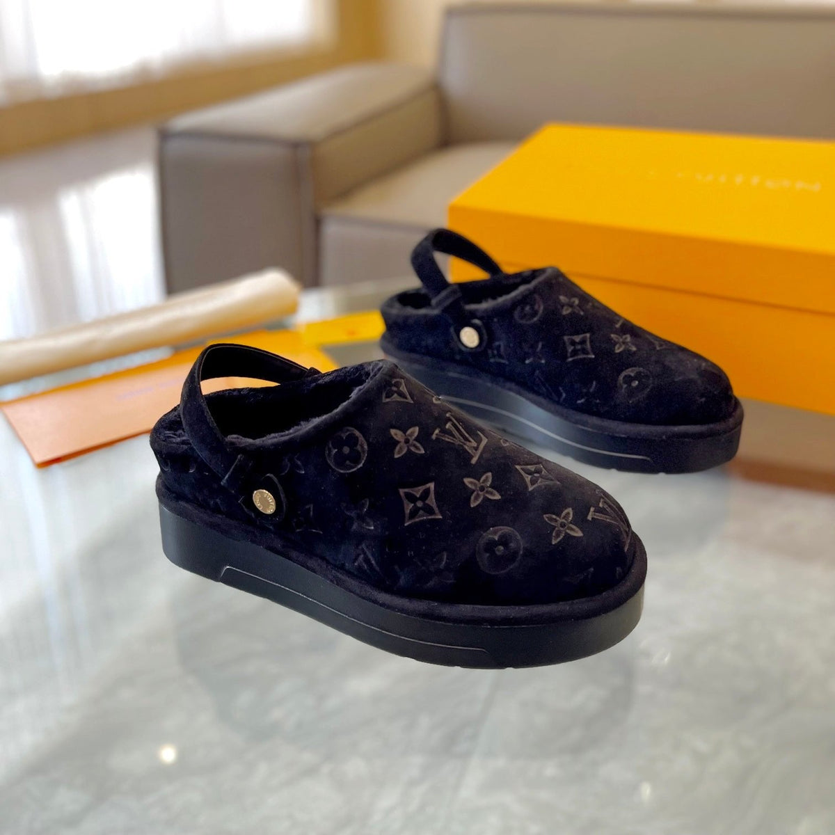 LV Aspen Platform Clog Black Monogram Suede