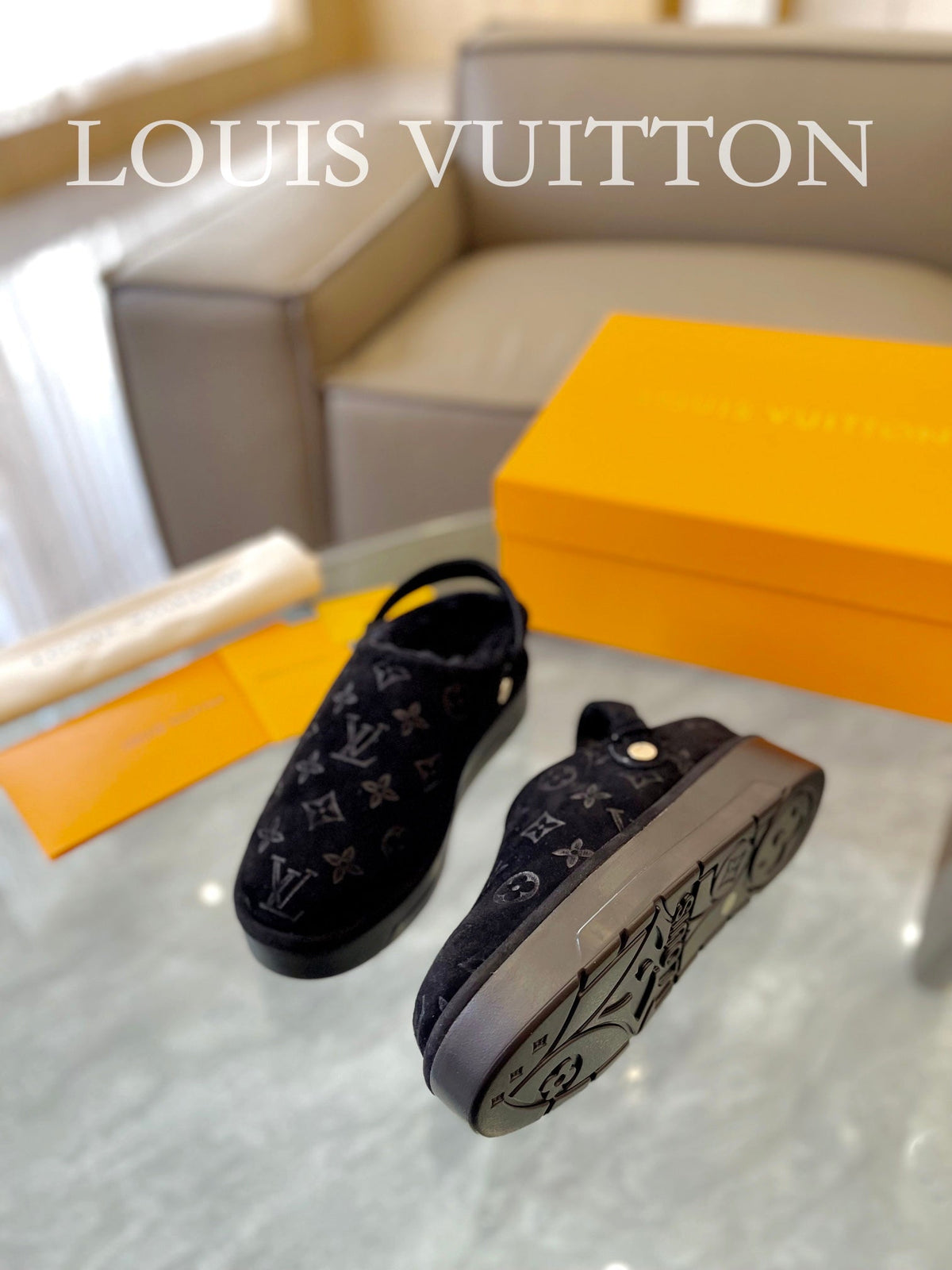 LV Aspen Platform Clog Black Monogram Suede