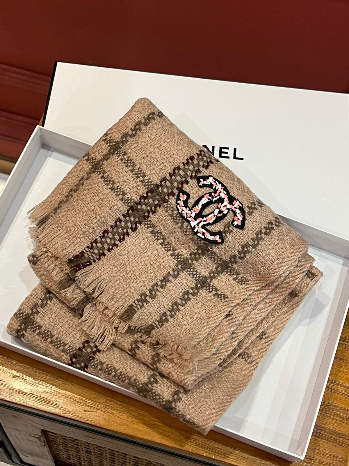 CC Scarf 190 CM In Dark Beige With Brown Stripes Wool  420037