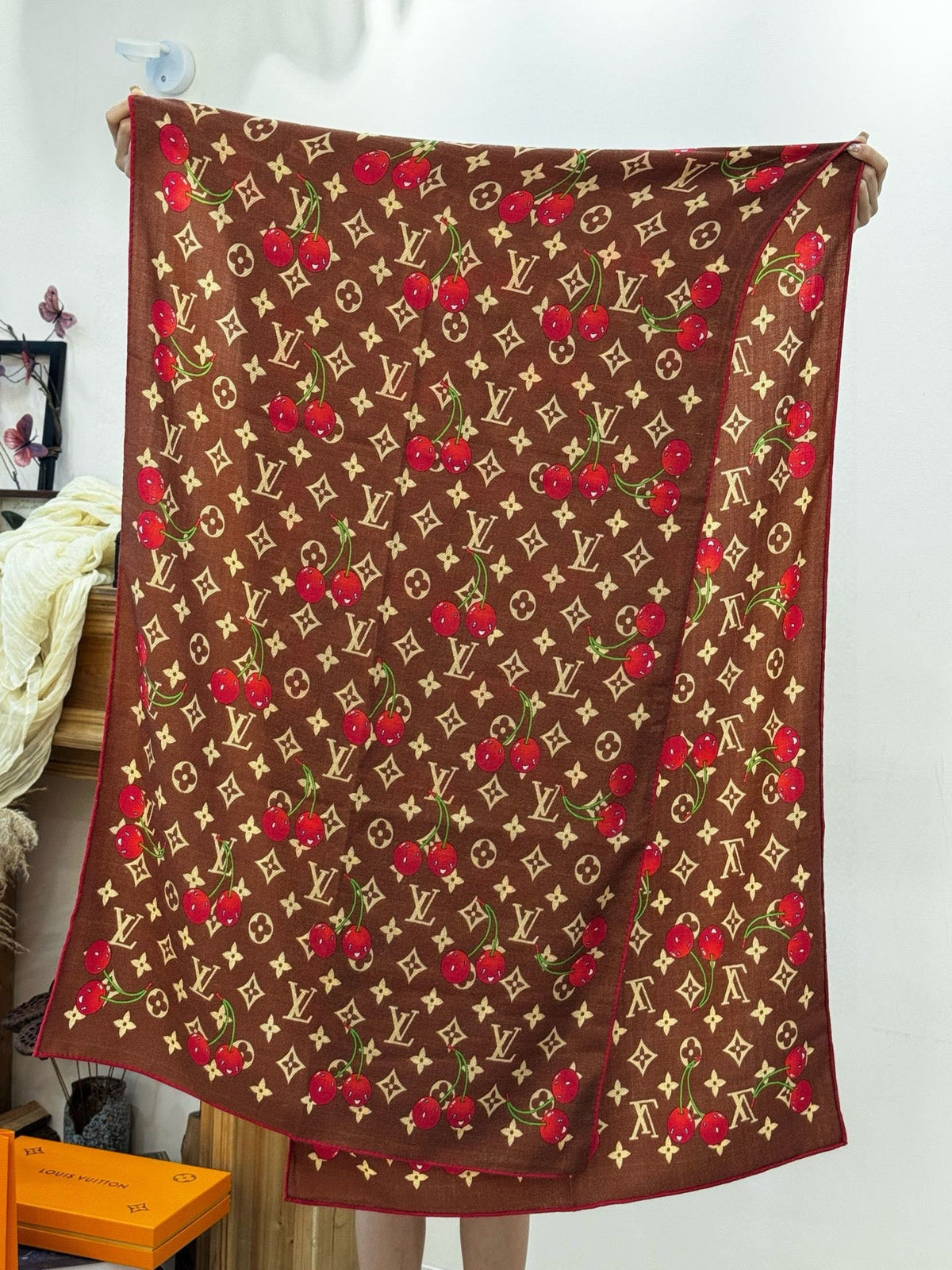 LV X TM Monogram Scarf 180CM Brown Red Cashmere 293169