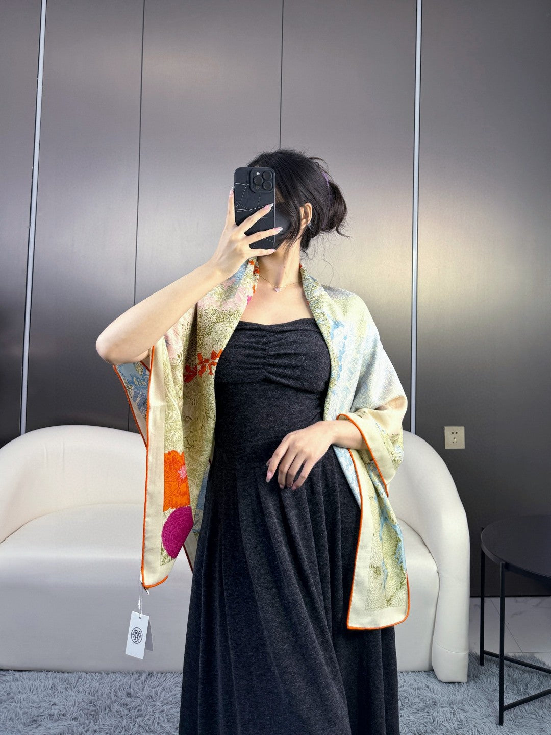 Square Scarf 135CM In Light Blue Colorful Cashmere And Silk