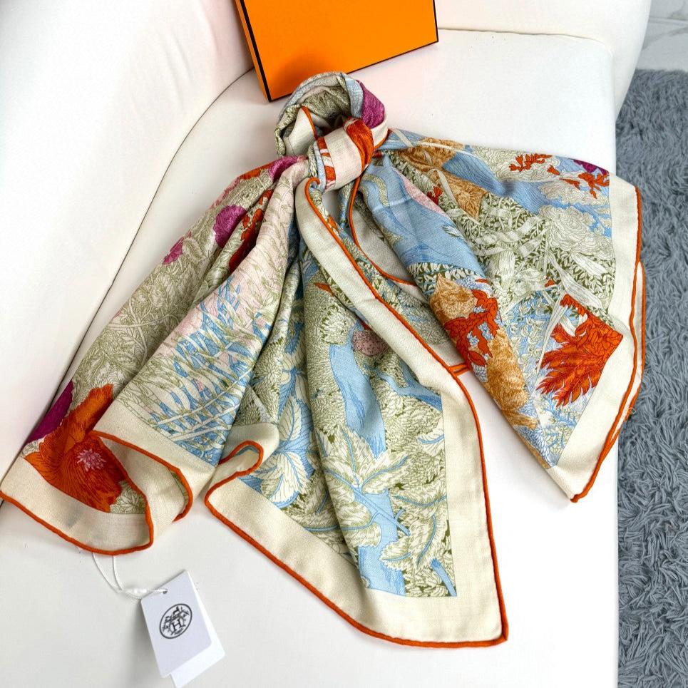 Retour A La Nature Shawl 135CM In Light Blue Colorful Cashmere And Silk