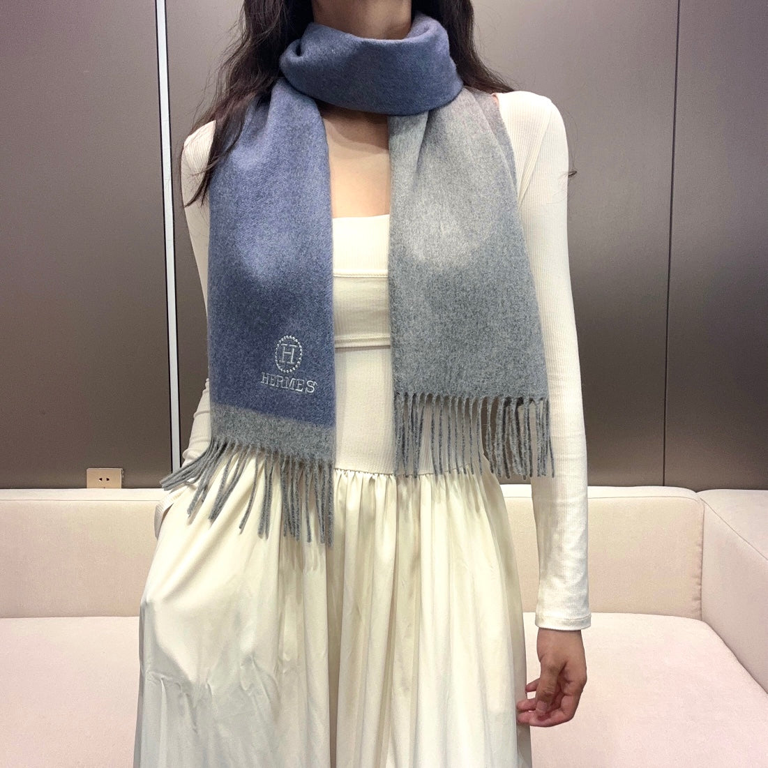 Scarf 180 CM Blue Grey Cashmere