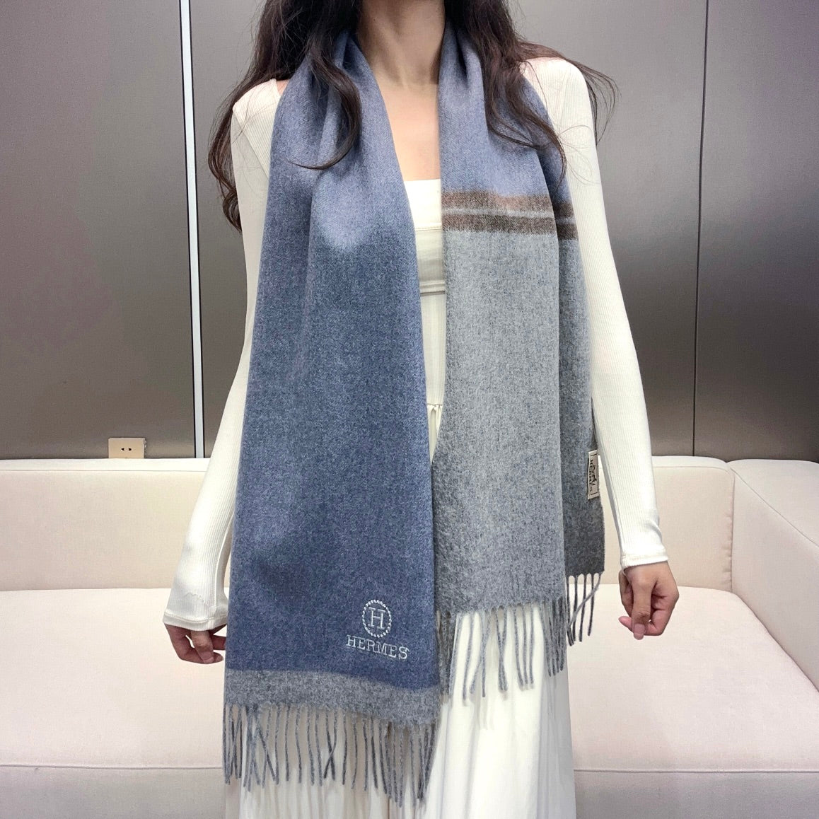 Scarf 180 CM Blue Grey Cashmere