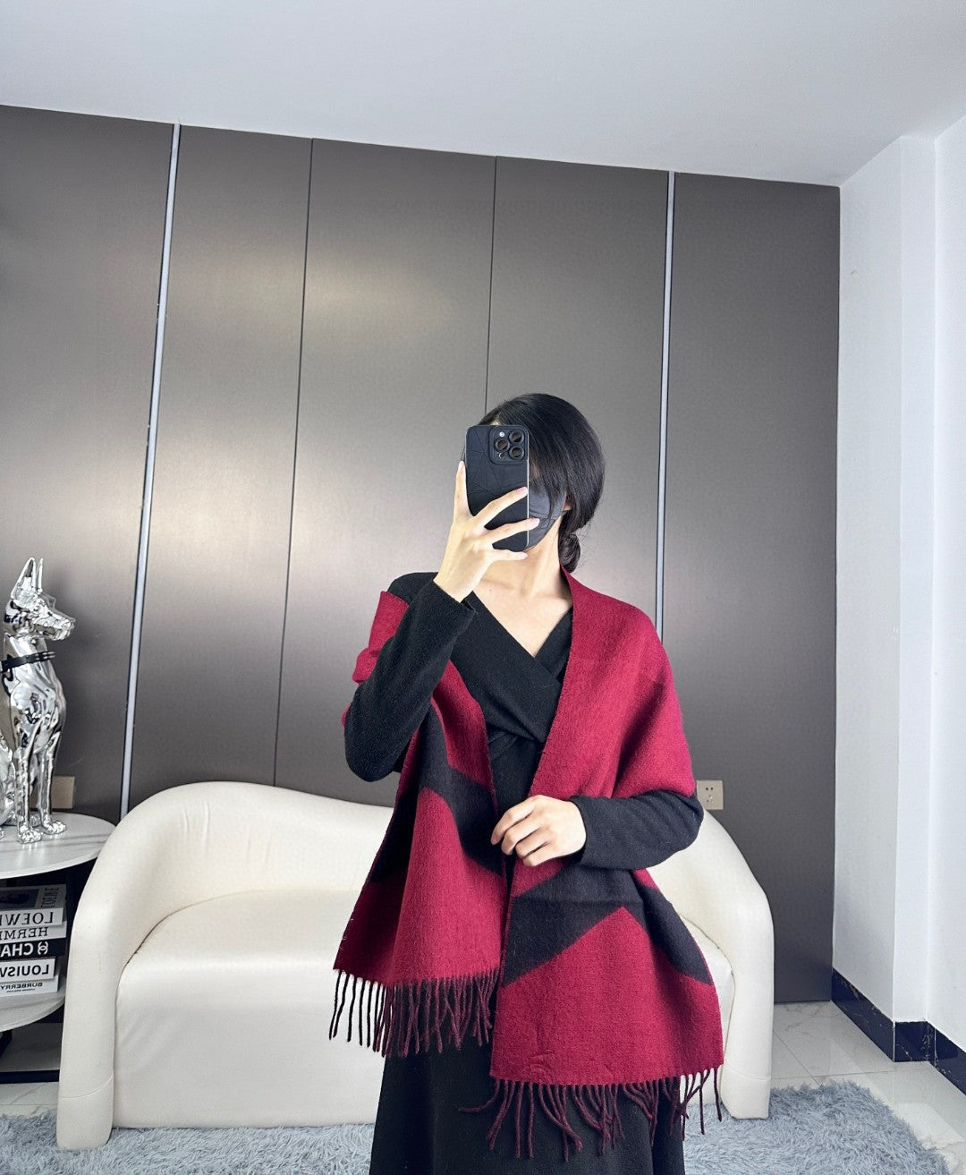 Scarf 190 CM Dark Red Mix Black Wool Soft