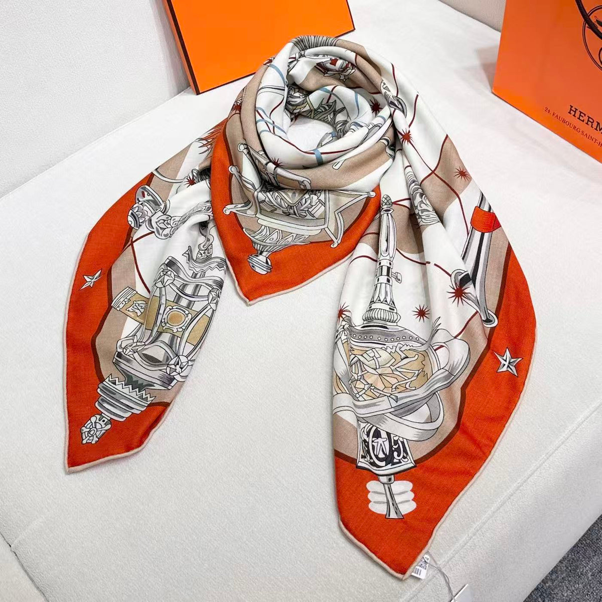 HM  Creative Origins Scarf 135CM Orange White Cashmere Silk 969436