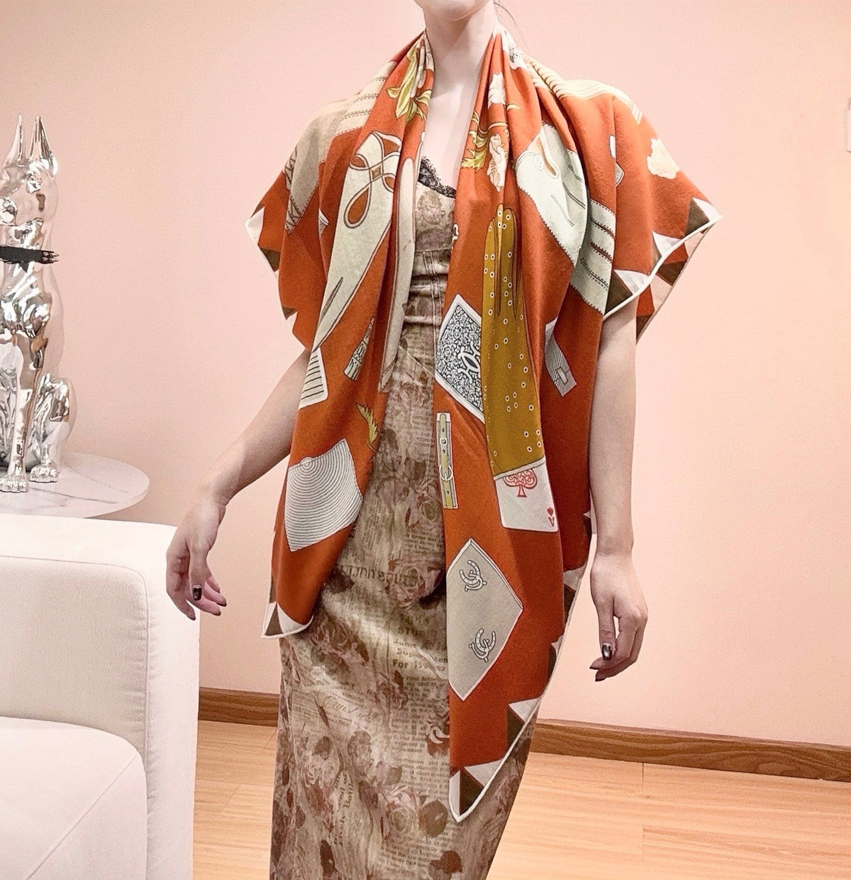 HM 25s Glove Time Scarf 135cm Orange Wool Mulberry Silk 971107