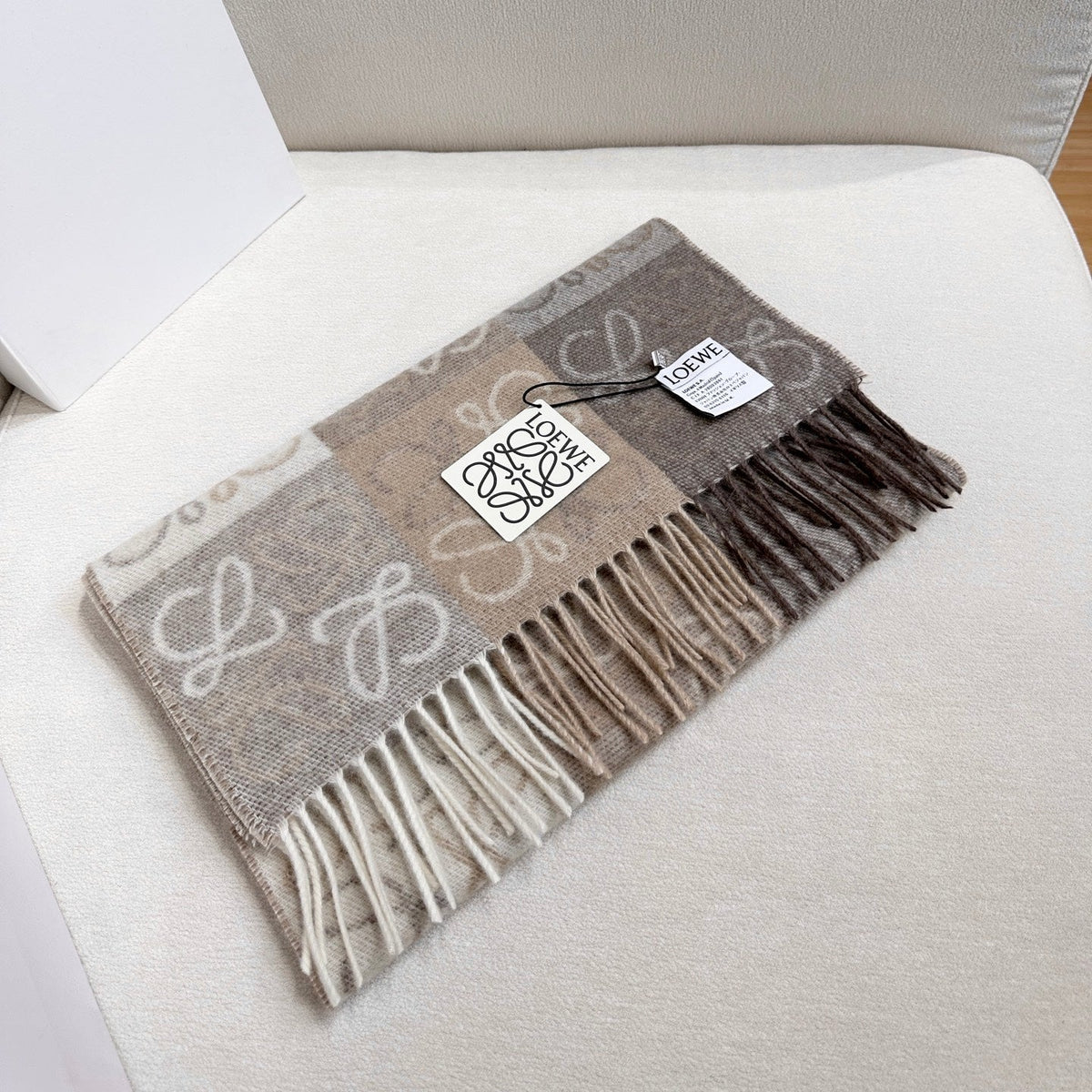 Loewe Scarf 180CM  Light Brown Gray Wool Cashmere 968611