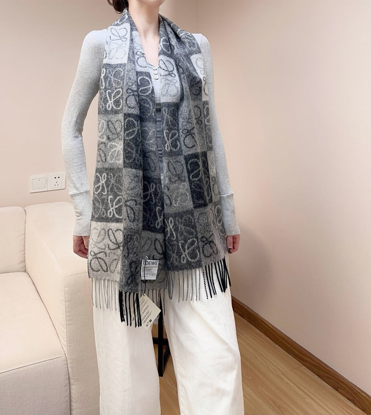 Loewe Scarf 180CM  Black Gray Wool Cashmere 968612