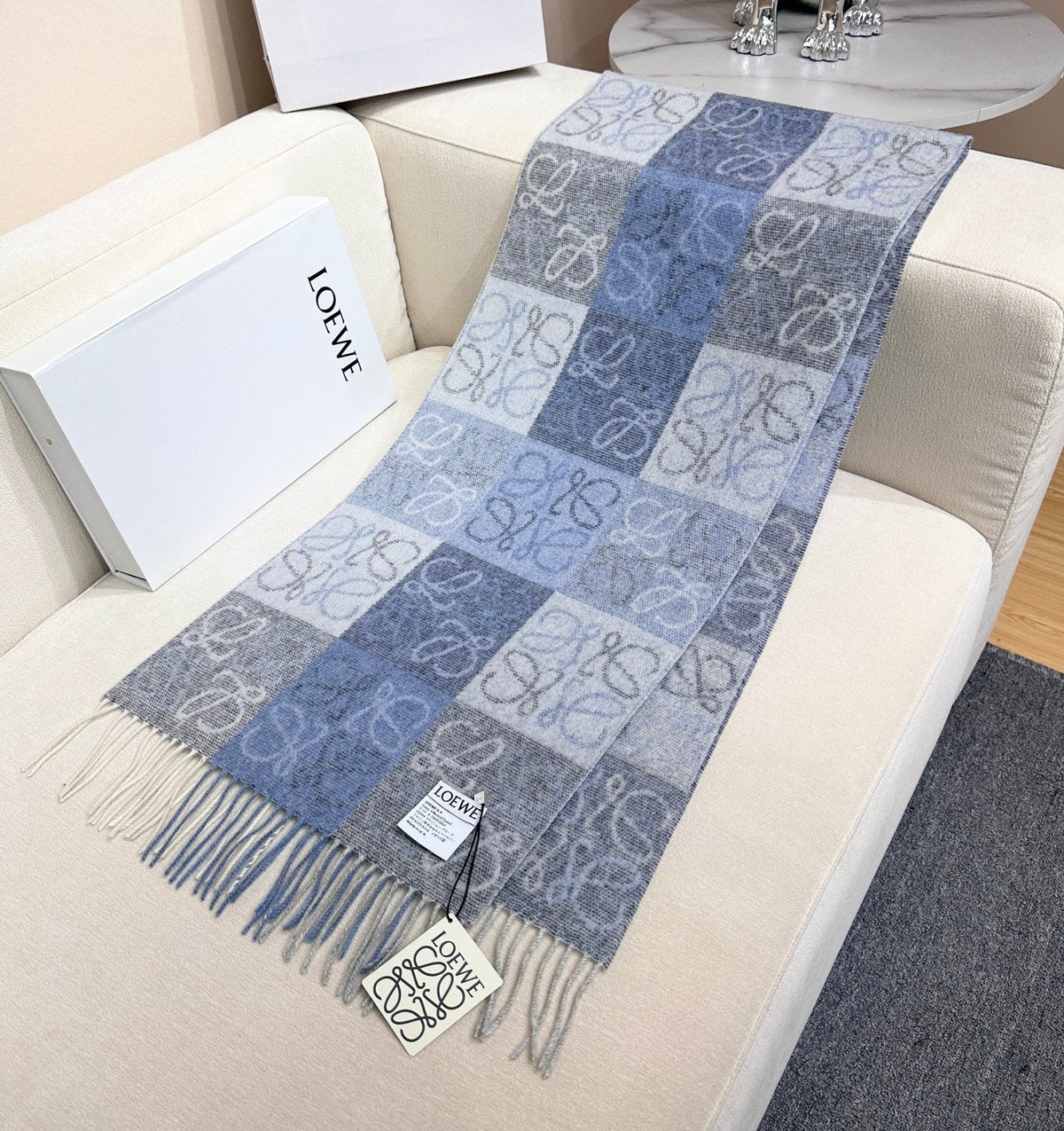 Loewe Scarf 180CM  Light Blue Gray Wool Cashmere 968613