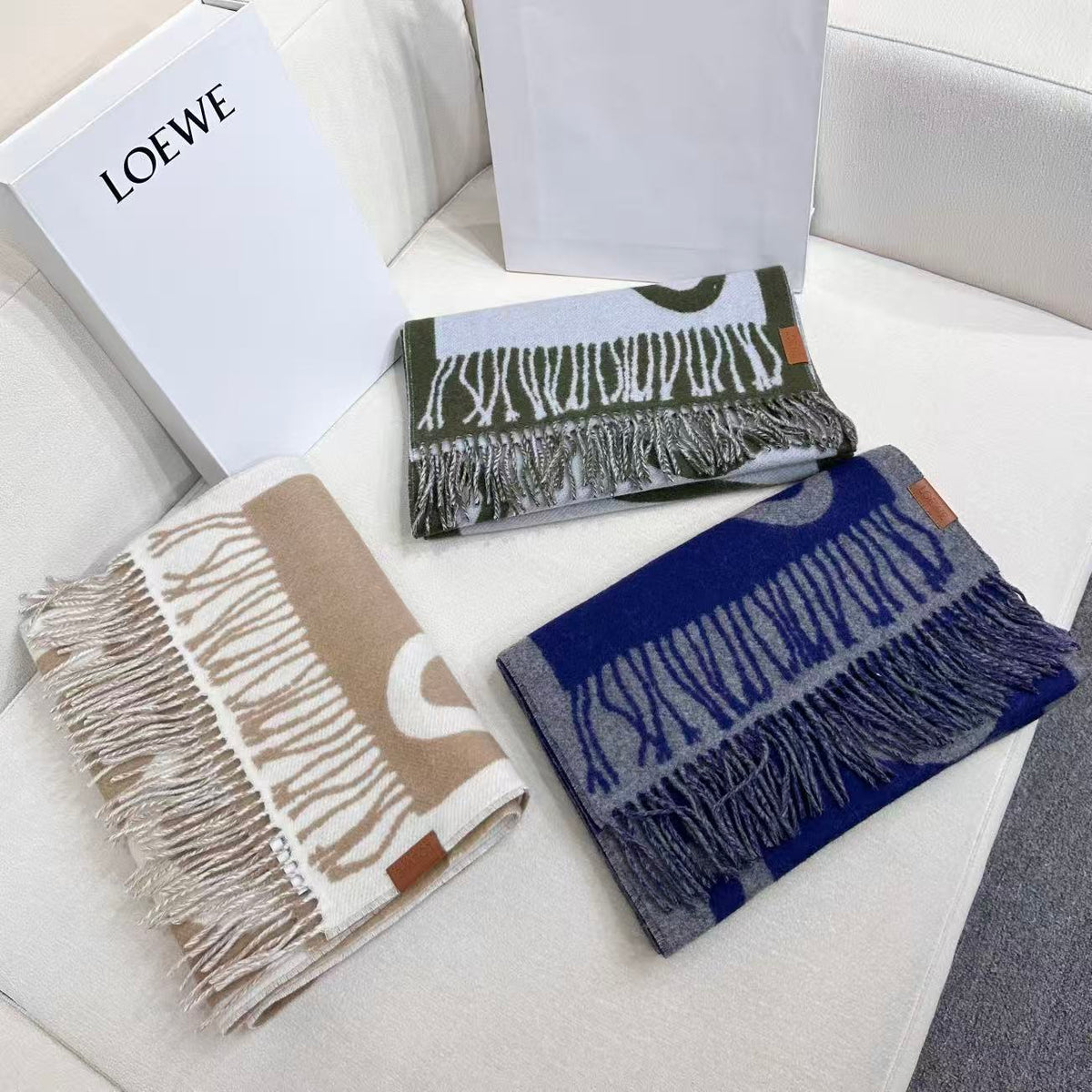 Loewe Scarf 180CM Beige White Cashmere 962789