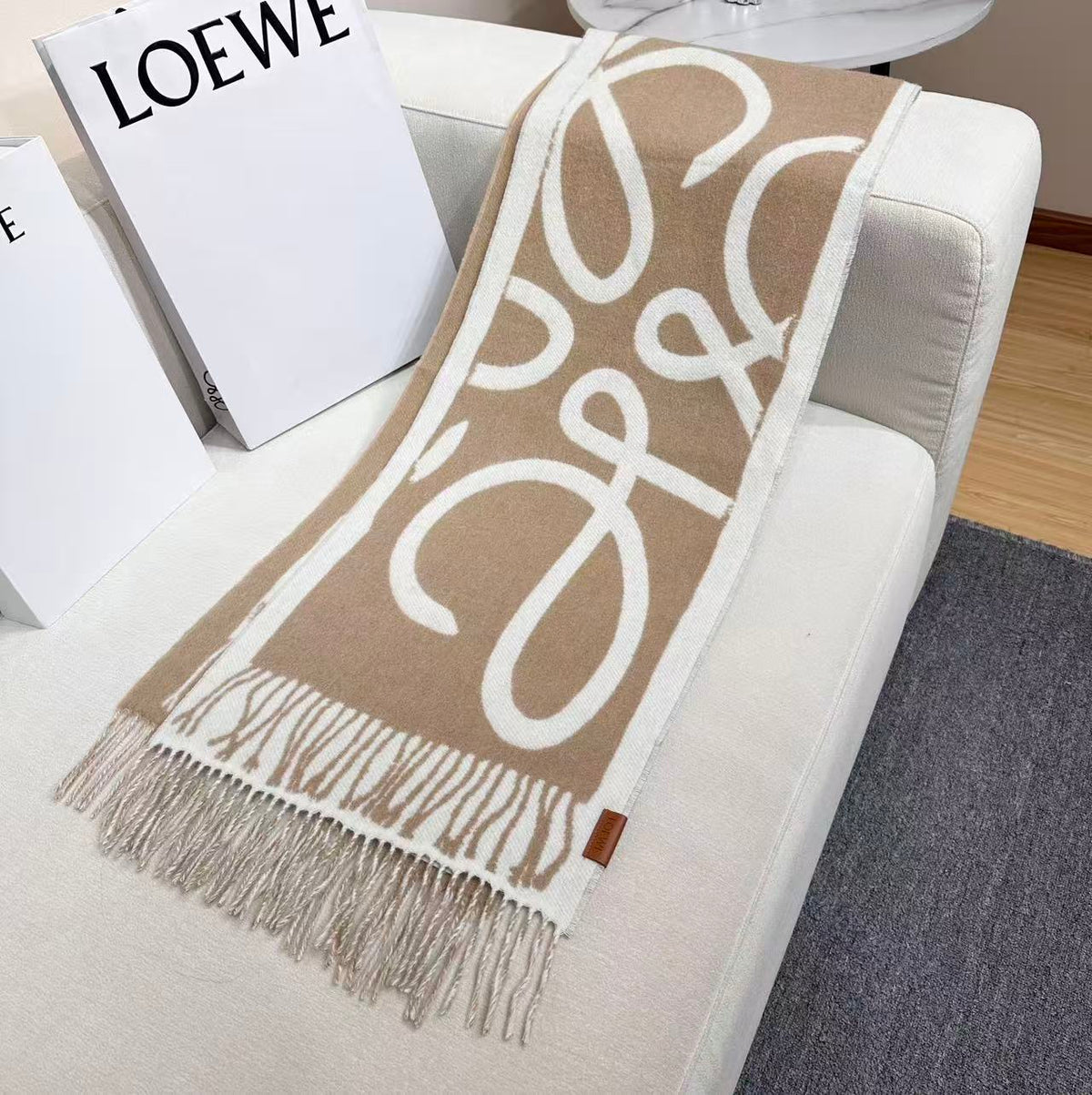 Loewe Scarf 180CM Beige White Cashmere 962789