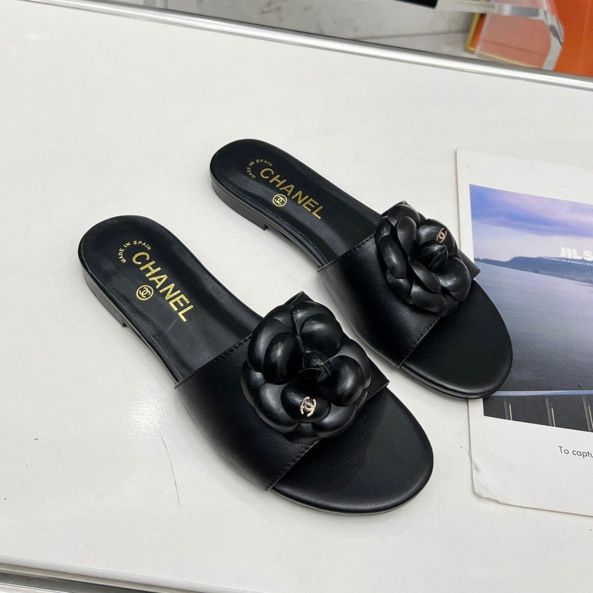 mule sandal flower black calfskin