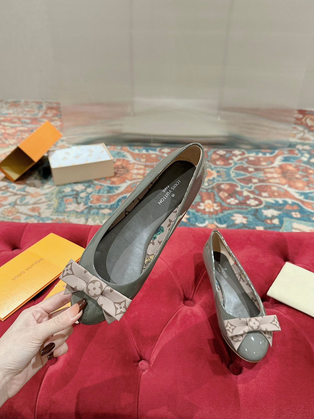 LV Popi Flat Ballerina Green Cement Color Cowhide