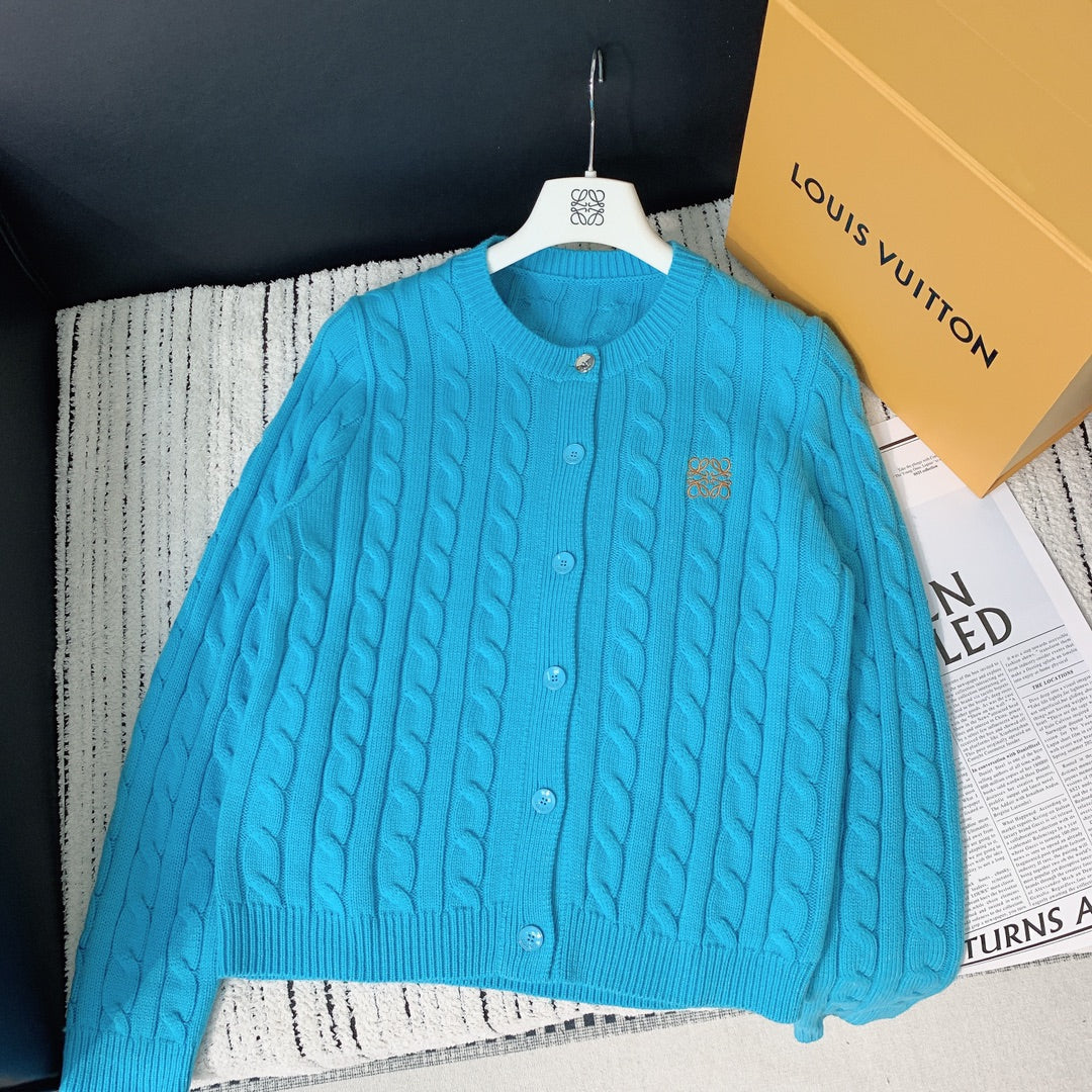 Loewe 2025 Knitted Embroidered Logo Button-Up Cardigan Blue Wool 289137