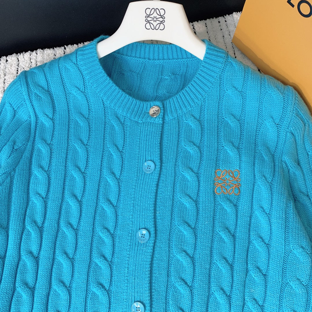 Loewe 2025 Knitted Embroidered Logo Button-Up Cardigan Blue Wool 289137