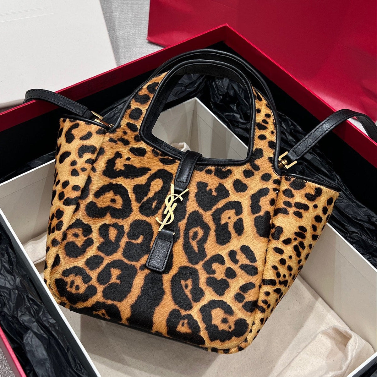YSL 2026 Le 5 a 7 Baby Bea Bag 18cm Leopard Print Horsehair Leather