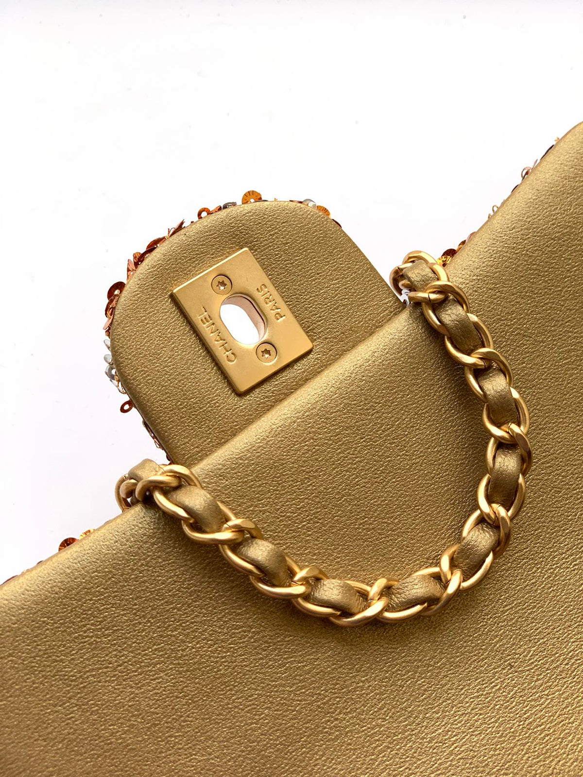 Flap Bag Mini 20cm Beige Calfskin Gold Bronze Sequin