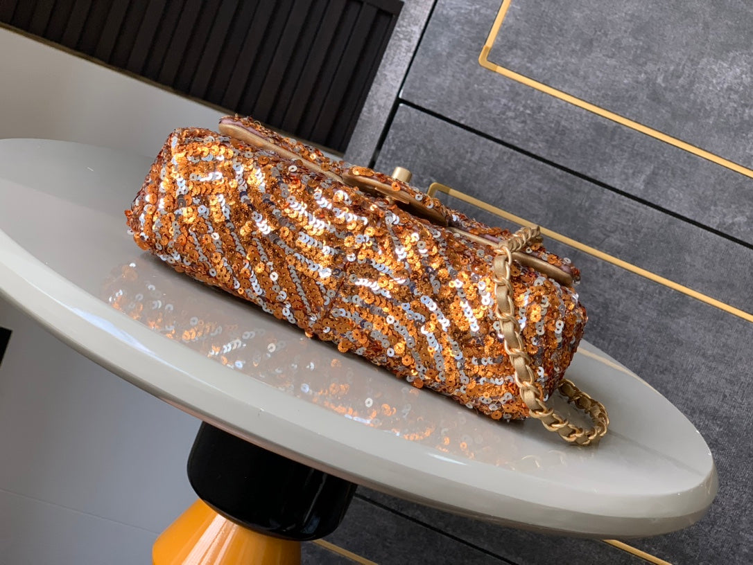 Flap Bag Mini 20cm Beige Calfskin Gold Bronze Sequin