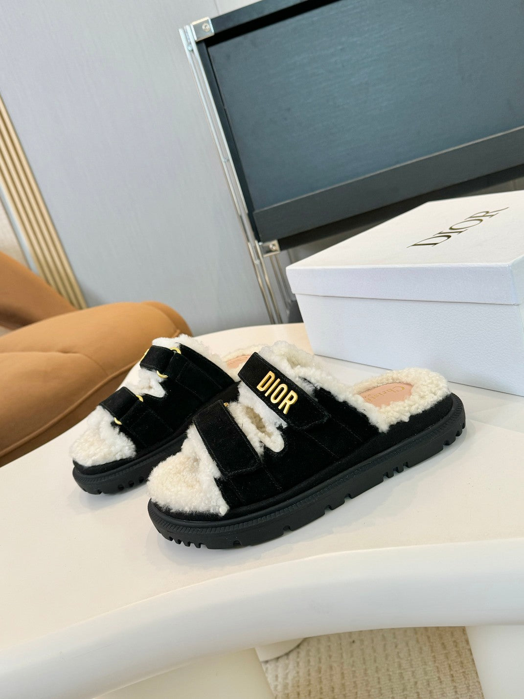 CD Dioract Slide Black Suede And Fleece Lining