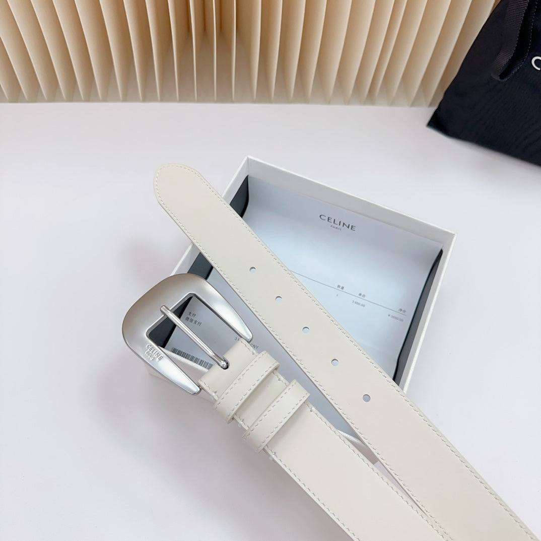 CEL Silver Western 35mm Belt White Cowhide 175055
