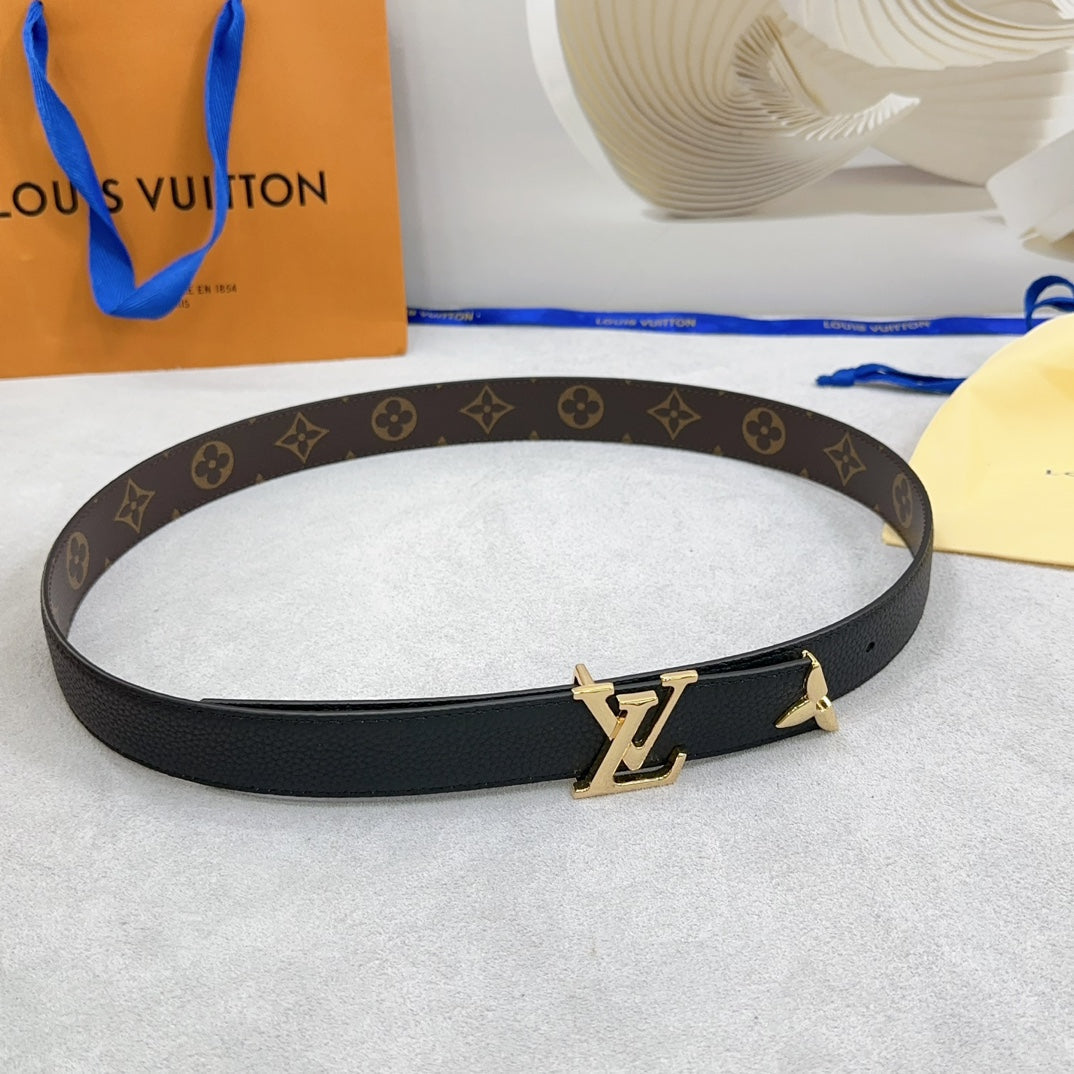 Pretty LV 30mm Reversible Belt Black Grained Calfskin