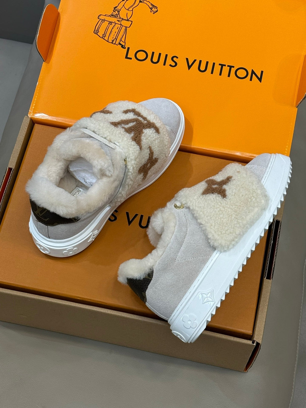 LV 25 Velcro Furry Sneakers Light Gray Beige Suede Wool 576951