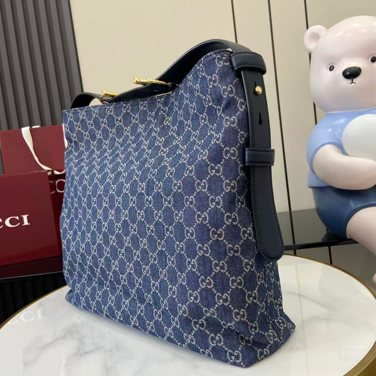 Gucci 25 Beatrix 40cm Handbag Navy Blue Denim Leather 292318