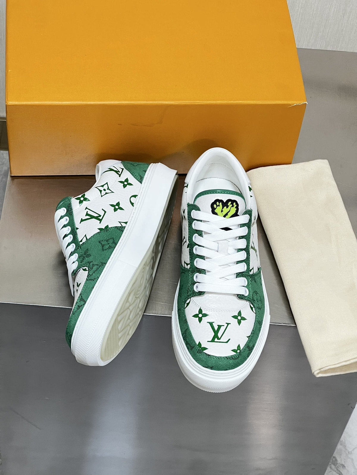 LV MONOGRAM GREEN AND WHITE SNEAKERS