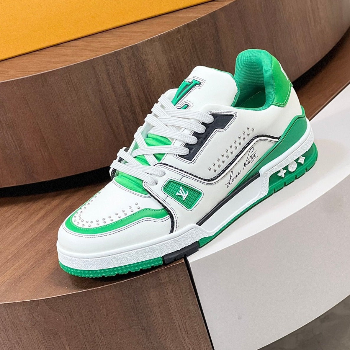 LV TRAINER WHITE MIX GREEN MONOGRAM CALFSKIN