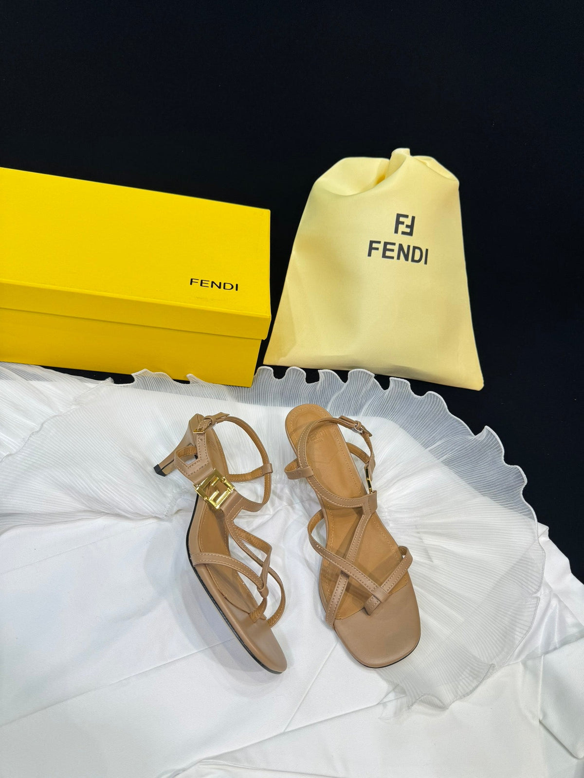 FENDI FFOLD MEDIUM-HEELED 55 MM SANDALS IN BRONZE BROWN LAMBSKIN WITH GOLD HARDWARE