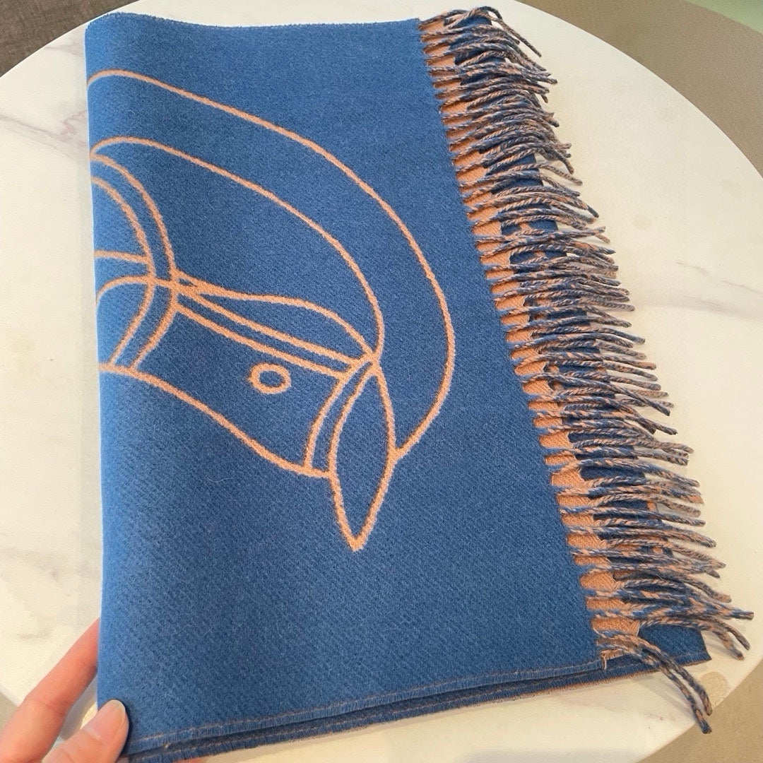 CASAQUE ENTRELACS EQUESTRES 190 CM SCARF IN AZURE BLUE CASHMERE