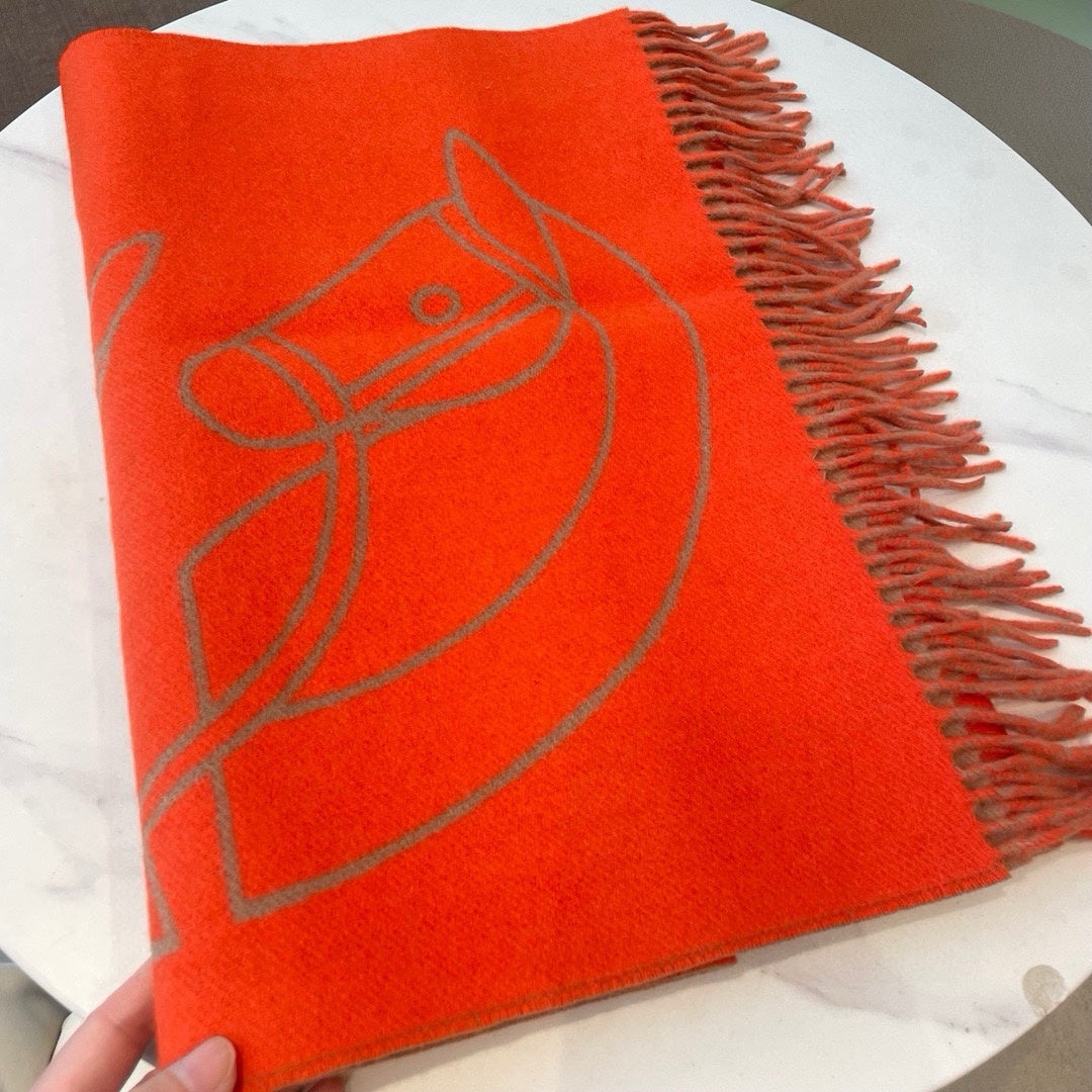 CASAQUE ENTRELACS EQUESTRES 190 CM SCARF IN ORANGE RED CASHMERE