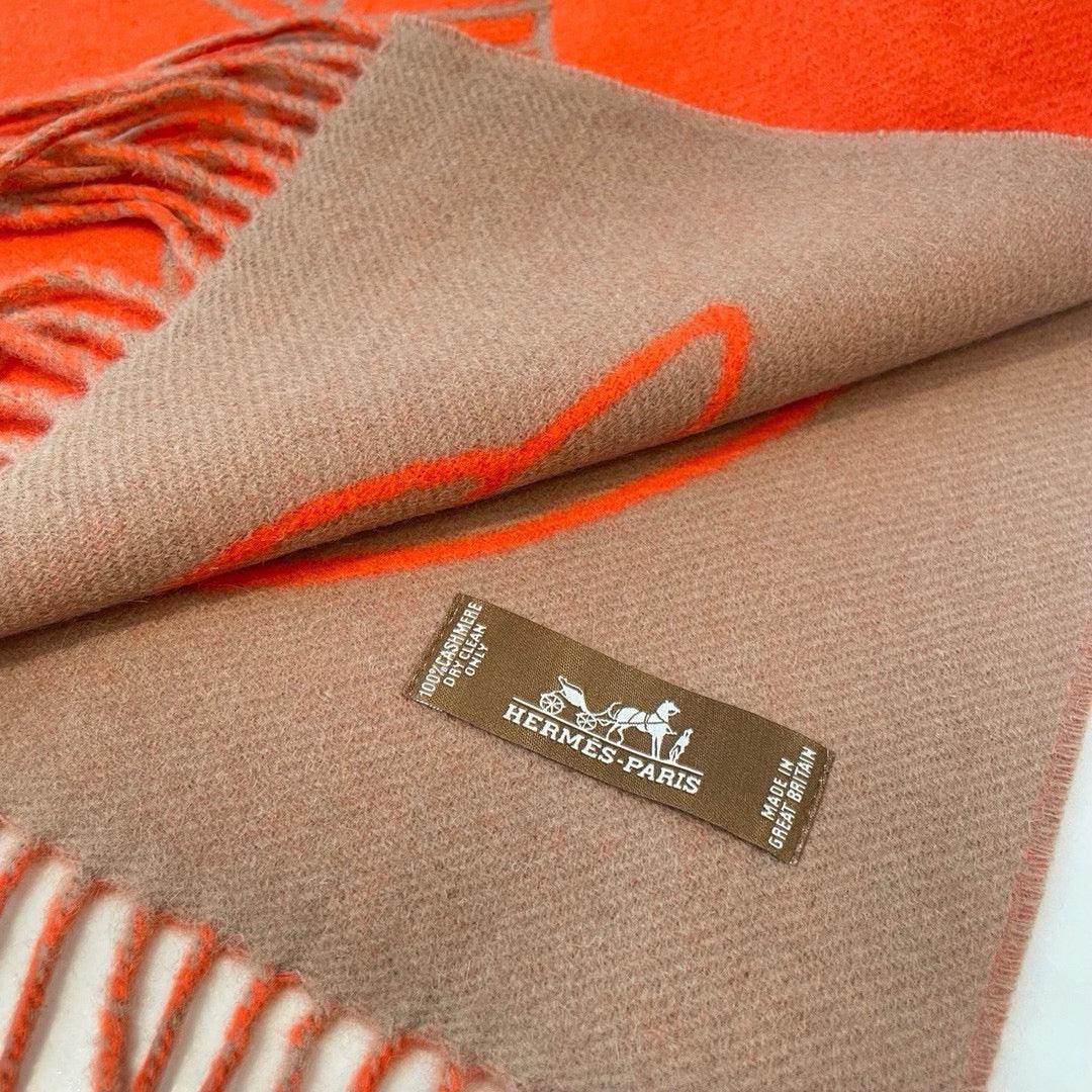 CASAQUE ENTRELACS EQUESTRES 190 CM SCARF IN ORANGE RED CASHMERE