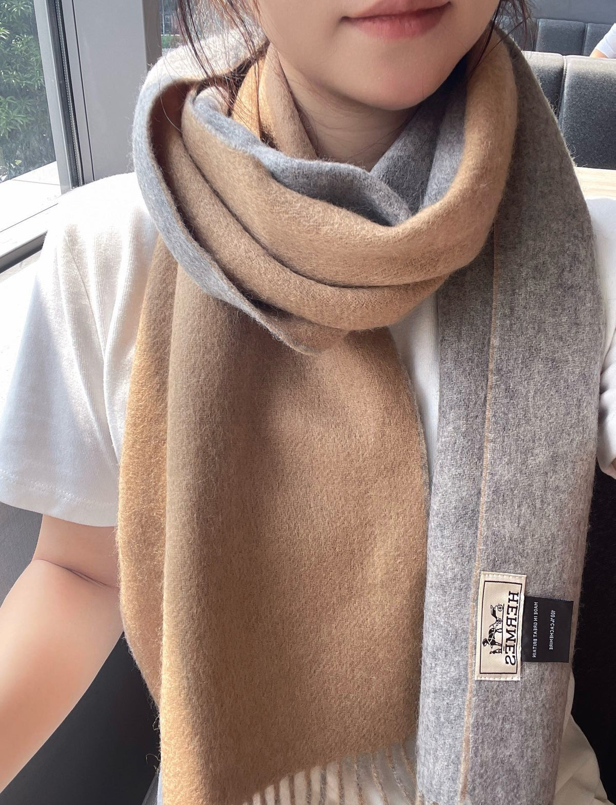 Scarf 180 CM In Beige Mix Grey Cashmere