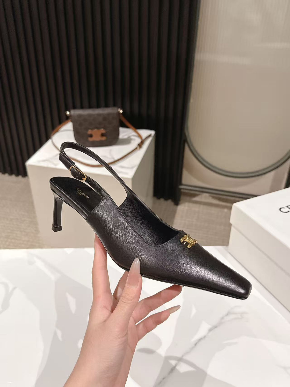 Celine 26 Slingback Pumps Triomphe Logo 65mm Leather 775158