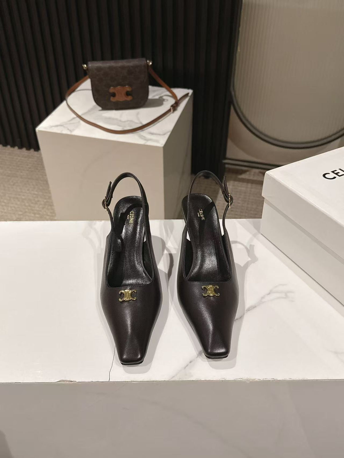 Celine 26 Slingback Pumps Triomphe Logo 65mm Leather 775158