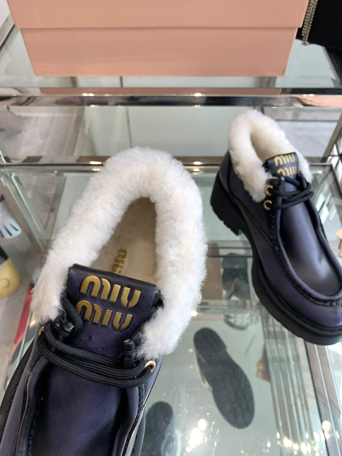 Miu Ankle Boots Charcoal Blue Open-Hemmed Cowhide