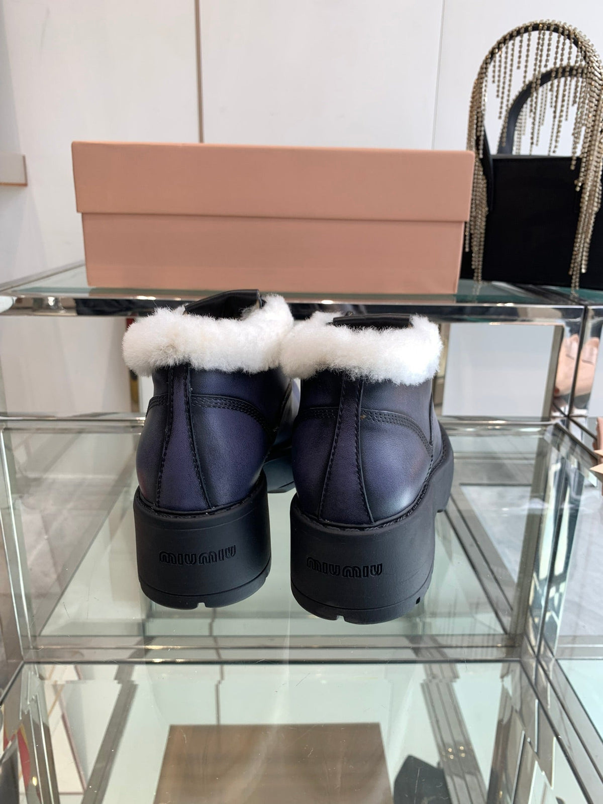 Miu Ankle Boots Charcoal Blue Open-Hemmed Cowhide