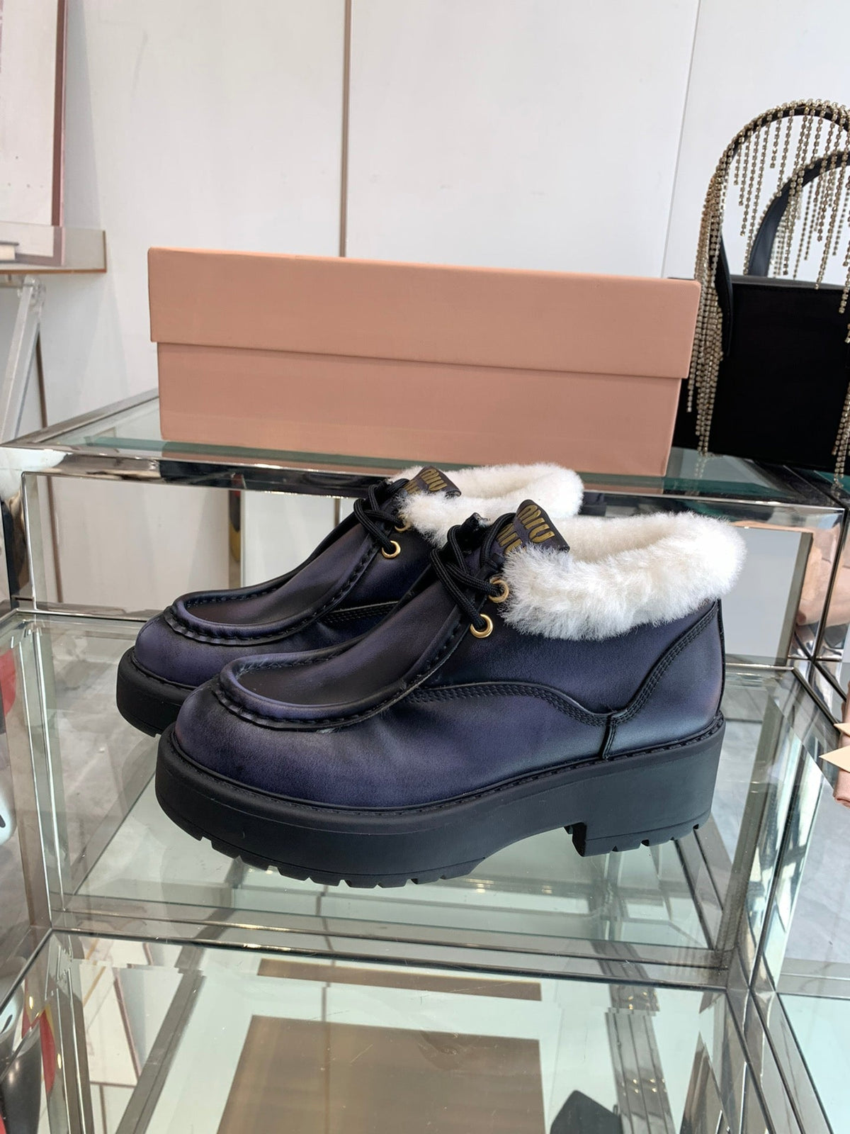 Miu Short Wool Boots Plain Dark Charcoal Open-Hemmed Cowhide
