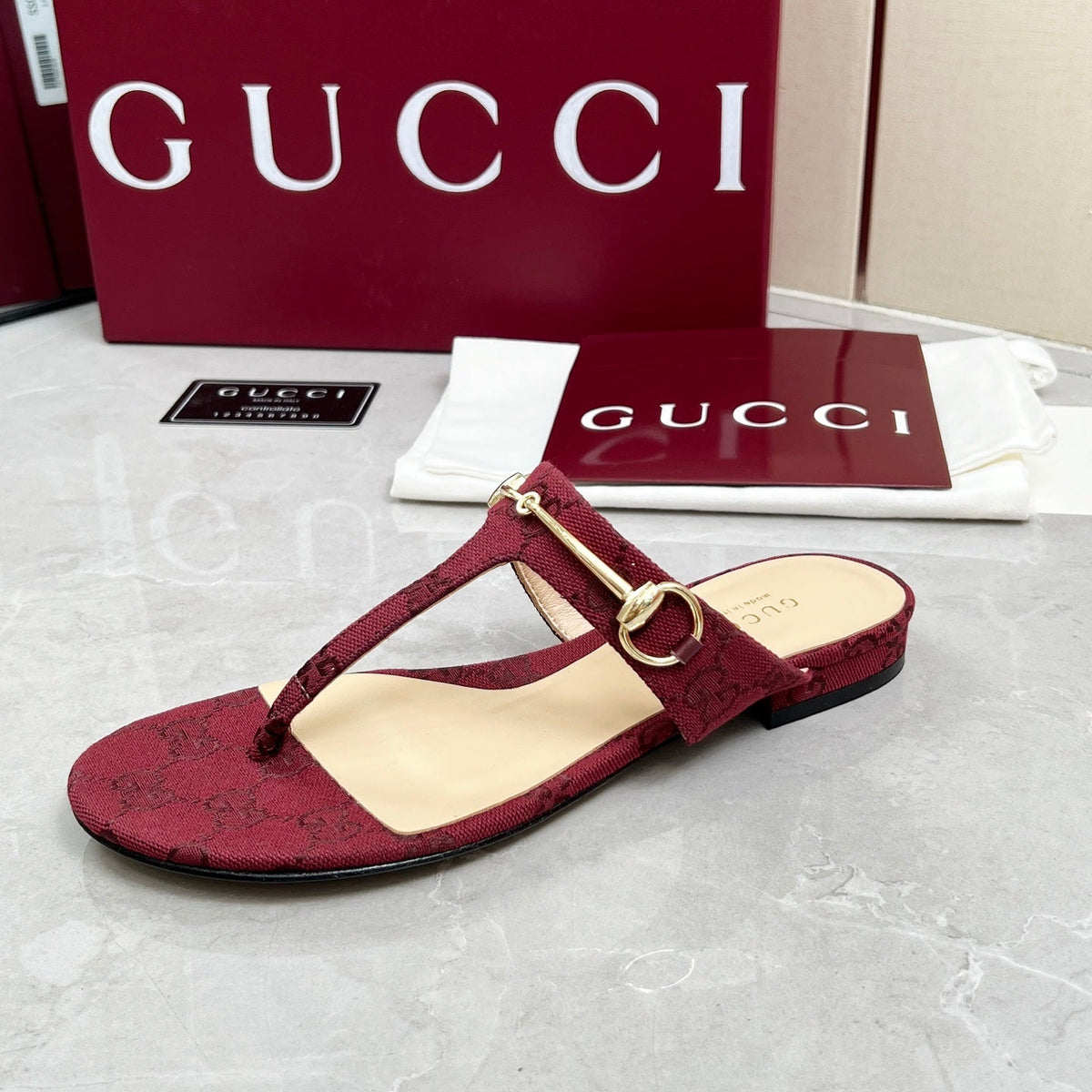 GC 25 Horsebit Thong Sandals Red Canvas Leather 293853