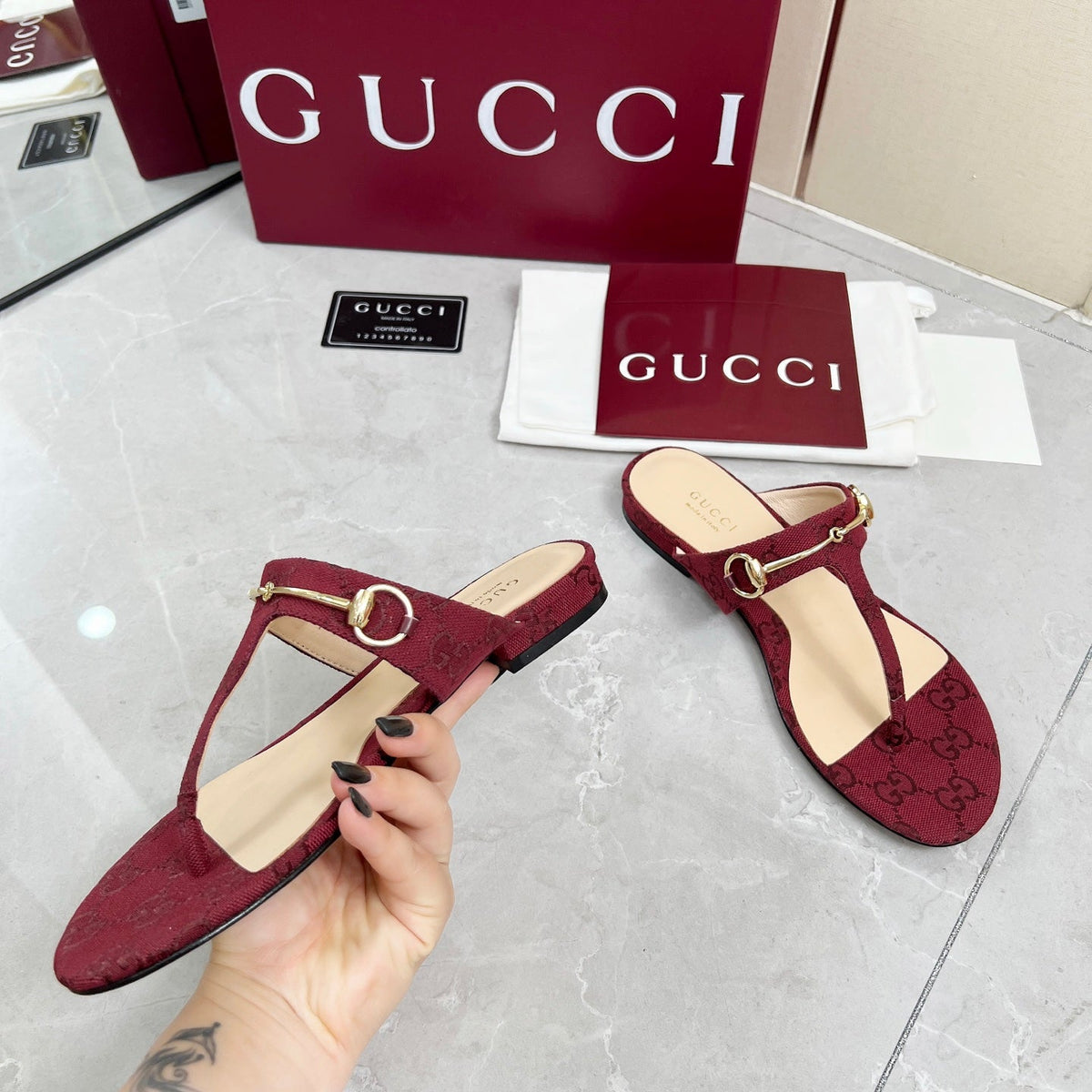 GC 25 Horsebit Thong Sandals Red Canvas Leather 293853