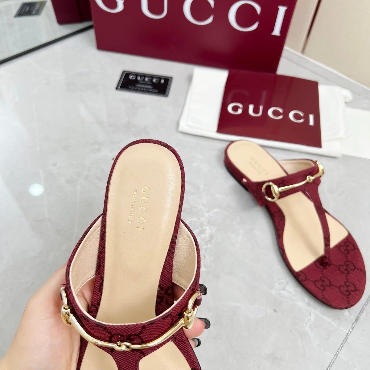 GC 25 Horsebit Thong Sandals Red Canvas Leather 293853