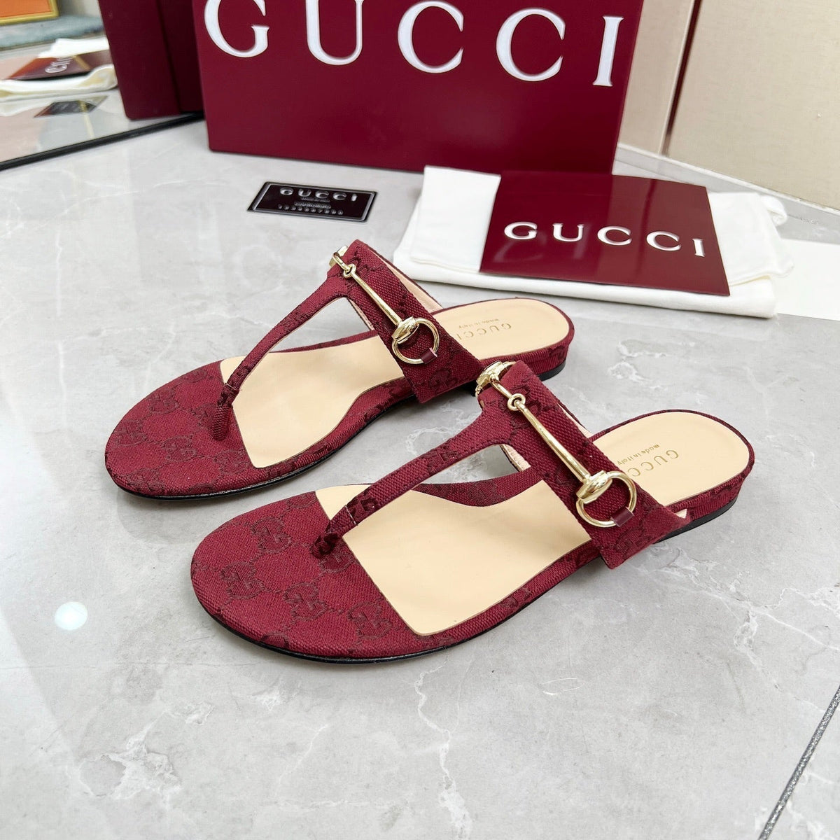 GC 25 Horsebit Thong Sandals Red Canvas Leather 293853