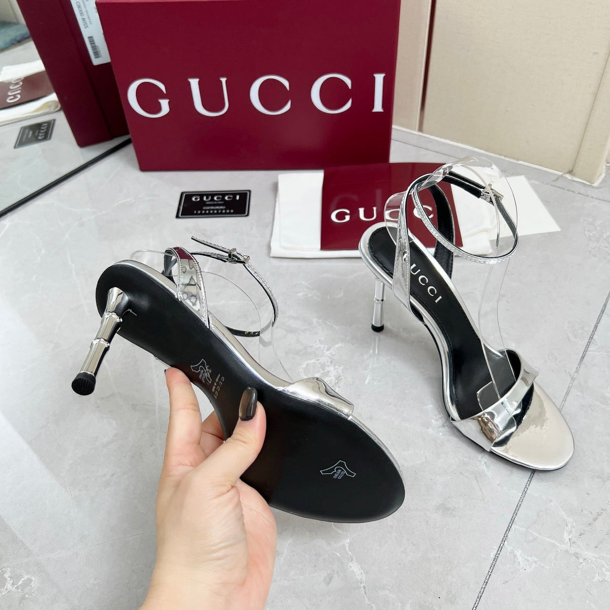 GC 25 Heeled 95mm Sandals Silver Patent Leather 293862